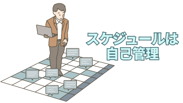 男性がパソコンを持ちながら、地面に敷かれたスケジュールを見て管理している様子（イラスト）「スケジュールは自己管理」