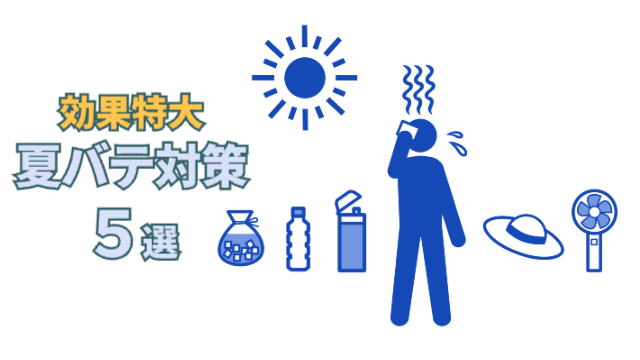 青色の棒人間が太陽を浴びて汗をかいている様子。周りにはペットボトルや扇風機、帽子などの暑さ対策に使われるグッズが置かれている。「効果特大夏バテ対策5選」