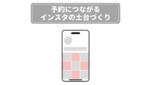 真ん中に何件か投稿されているのがピンクとグレーで交互に表現されているイラスト「予約につながるインスタの土台づくり」