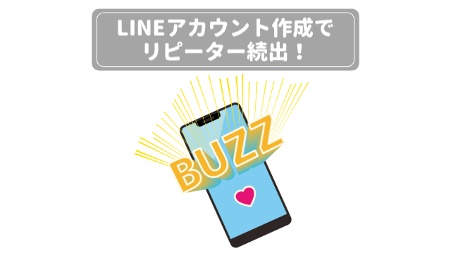 真ん中にスマホがある（画面がBUZZという文字が浮き上がっているように見えるイラストとハートマーク）「LINEアカウント作成でリピーター続出！」