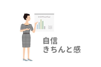 水玉（ドット柄）のタイトなワンピースを着た女性が資料を見て説明している「自信・きちんと感」