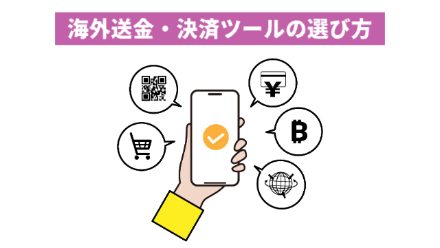 スマートフォンの画面にチェックマークチェック周りに吹き出しがありその中に「バーコード、ショッピングカート、¥、B、地球マーク「海外送金・決済ツールの選び方」