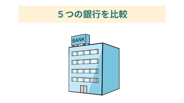 銀行のビルのイラスト「5つの銀行を比較」