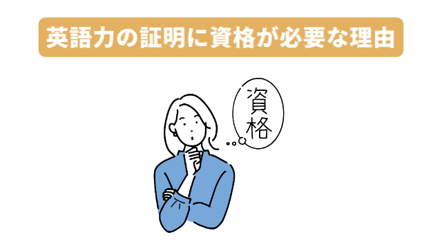 女性が首を傾げている（吹き出しの中に「資格」）「英語力の証明に資格が必要な理由」