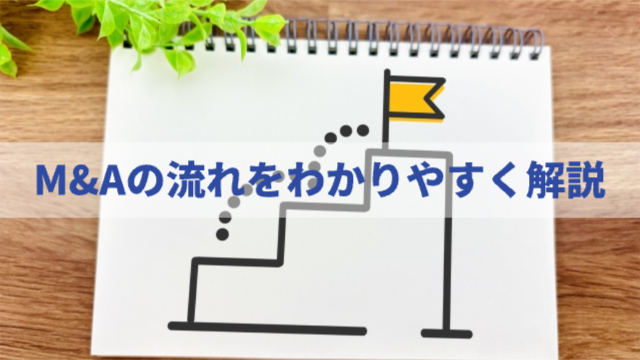 階段の一番上に旗がある様子を書いたスケッチブック「M&Aの流れをわかりやすく解説」