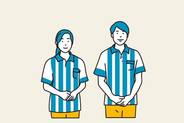 こちらに向かって立ち微笑む男女のコンビニ店員のイラスト