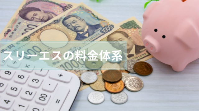 貯金箱とお札、小銭、電卓が置いてある「スリーエスの料金体系」