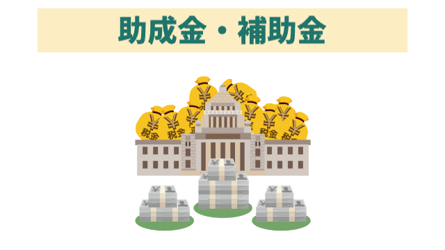銀行の周りにお札やコインが入った巾着がたくさんある「助成金・補助金」