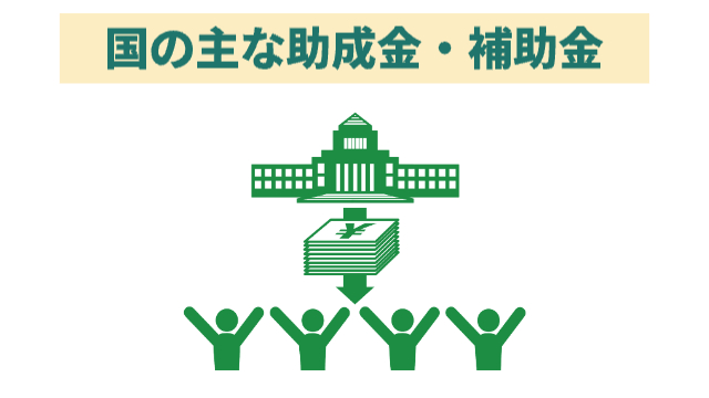 銀行がお金を人に渡している様子がイラストで描かれている「国の主な助成金・補助金」