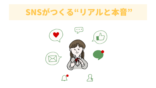 女子生徒のイラストの周りにハートやグッドマークなどのアイコンが載っている「SNSがつくる“リアルと本音”」