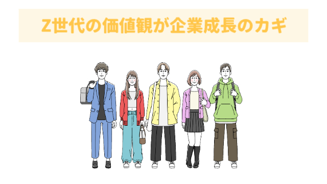 男女がそれぞれカラフルな色味の服を着て立っている（5人）「Z世代の価値観が企業成長のカギ」